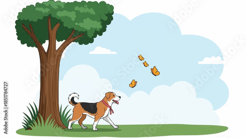 A happy beagle dog walking in a grassy park under a tree.