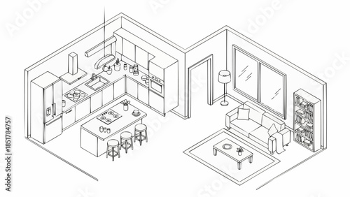 Modern open plan kitchen and living room isometric sketch.