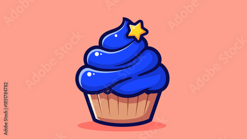 Cartoon cupcake with blue frosting and a yellow star on a pink background.