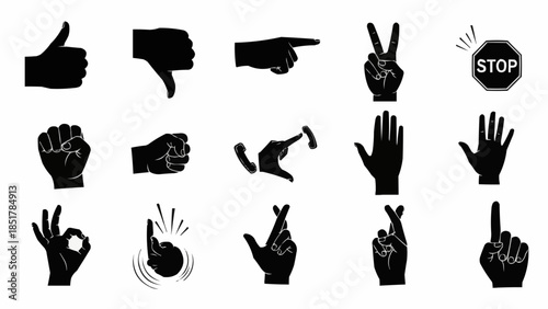 Collection of Black Hand Gestures and Symbols Silhouettes.