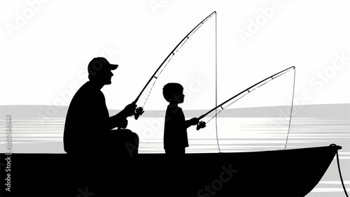 Father and Son Fishing Together on a Boat.