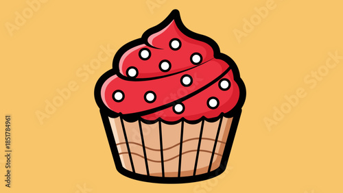 Illustration of a red cupcake with white polka dots and a brown wrapper on a yellow background.