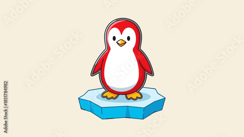 Cartoon penguin with red feathers standing on a small ice floe, isolated on a light background.