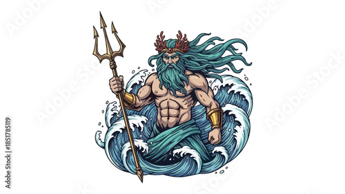 Poseidon's Authority: A majestic illustration of the sea god, Poseidon, emerges from the waves wielding his trident, a symbol of power and dominion over the ocean's realm. 