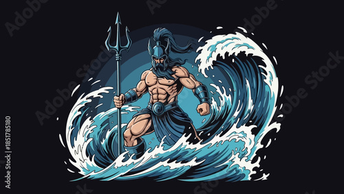 Poseidon's Authority: A majestic illustration depicts the god of the sea, Poseidon, wielding his trident and commanding the crashing waves. The illustration embodies strength, authority.