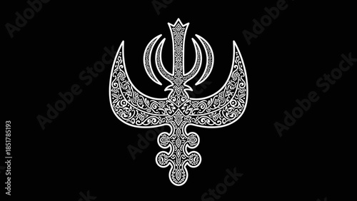 Symbol of Sikhism: A striking image of the Khanda, the emblem of the Sikh faith, presented with a stark contrast on a rich black background, signifying spiritual depth.