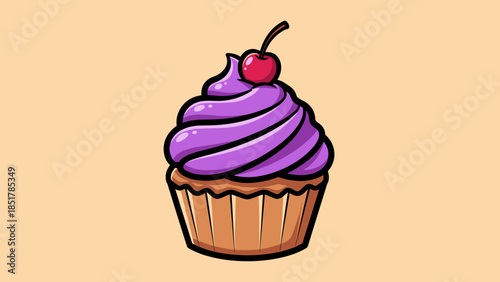 A cartoon cupcake with purple frosting and a cherry on top, set against a light orange background.