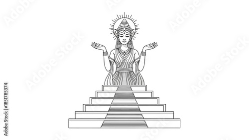 Business woman climbing stairs and ladder toward success with bright sky and modern architecture background