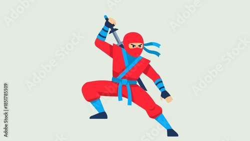 Red ninja with sword in action pose on light background.