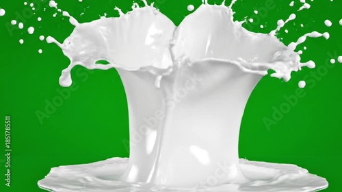 Milk splash exploding upward ultra-smooth creamy texture slow motion green screen background,