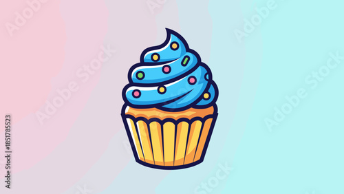 Illustration of a cupcake with blue frosting and colorful sprinkles on a gradient background.