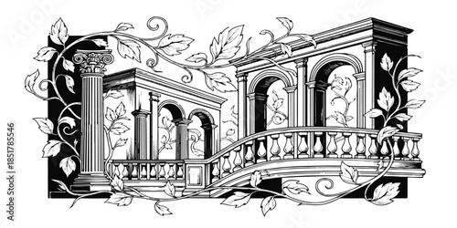 Ancient European church and Roman ruins architectural illustration in vintage hand drawn style