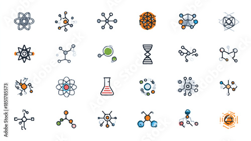 science molecular structure icons set with atoms and bonds