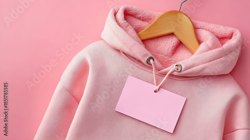 Close up of a pink sequined hoodie with a blank pink tag hanging on a wooden hanger against a solid pink background.