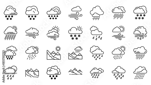 A comprehensive collection of outline weather and landscape icons, depicting various atmospheric conditions and natural scenery.
