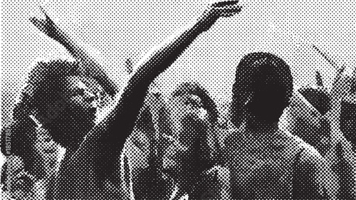 Crowd of people with raised hands in black and white. Monochrome illustration emphasizing movement and excitement at an event. Vector set.