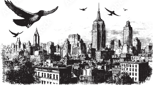 City skyline illustration in black and white. Vintage drawing features buildings and birds, creating a unique urban landscape vector.