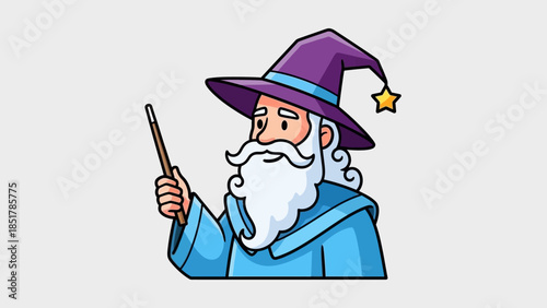 Cartoon wizard with a purple hat and blue robe holding a wand.