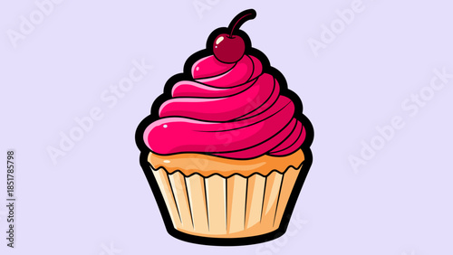 A cartoon cupcake with pink frosting and a cherry on top, outlined in black, on a light purple background.
