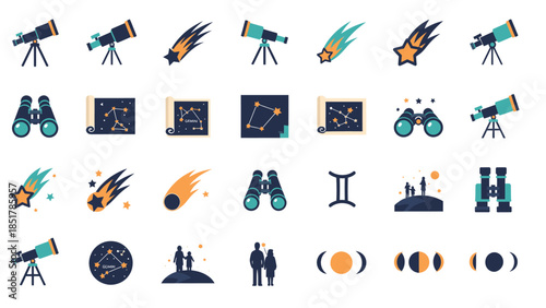 A collection of flat design icons depicting various astronomical elements such as telescopes, binoculars, comets, constellation maps, moon phases, and people stargazing.