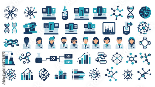 A comprehensive set of flat design icons representing various aspects of scientific research, laboratory work, data analysis, and biotechnology concepts.