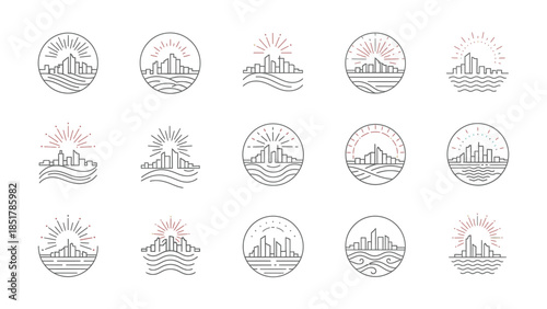 A collection of minimalist line art logos featuring city skylines, sunrises, and water, presented in various circular and semi-circular designs.