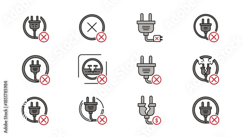 Collection of forbidden electrical plug and power icons indicating disconnection or safety warnings.