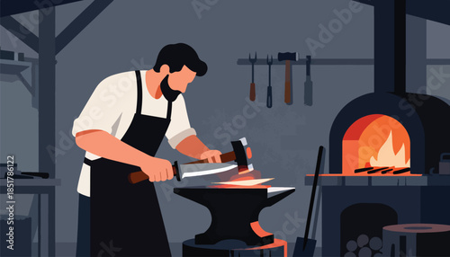 A blacksmith shapes metal with a hammer and anvil in a rustic workshop