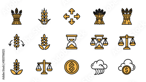 A collection of diverse icons representing agriculture, finance, time, and balance, featuring wheat, scales, hourglasses, and money symbols.