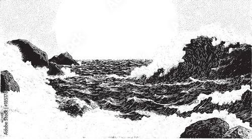 Ocean waves crashing against rocks in a black and white vector illustration. Detailed artwork with dynamic lines and texture for a scenic visual set.