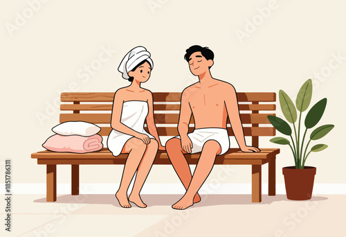 Couple relaxing on a wooden bench in bath towels, with pillows and a plant