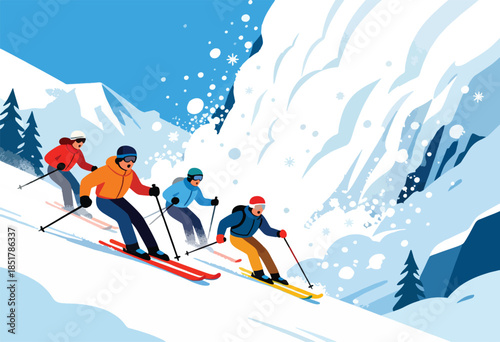 Four skiers race down a snowy mountain slope with trees and blue sky