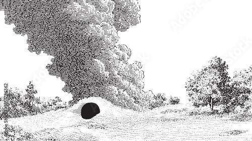 Smoke rising from a hole in a hill. The black and white vector illustration showcases trees and a textured landscape, capturing outdoor scenery.