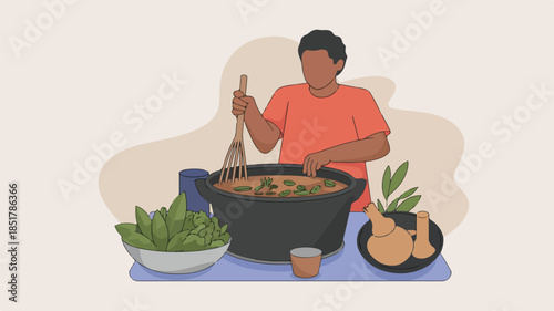Person stirs a pot of food with a whisk, surrounded by ingredients and cooking tools