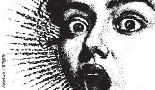 Dramatic expression of fear in black and white vector illustration. Bold art style with dynamic lines for visual impact in a set.