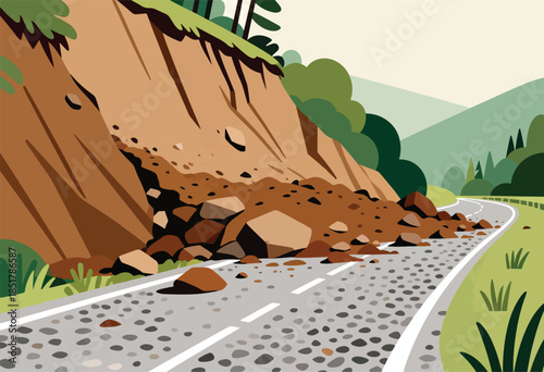 A steep, eroded embankment spills rocks and dirt onto a winding road, blocking passage