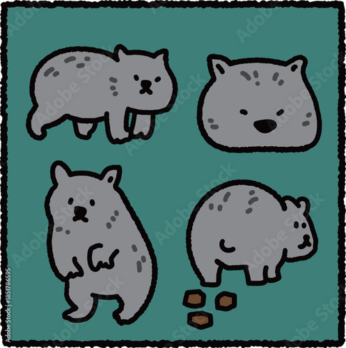 and-Drawn Wombat Illustration Set, Australian Marsupial Wildlife Educational Cartoon
