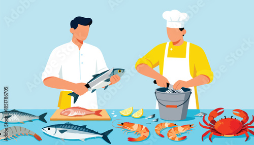 Chefs preparing a variety of fresh seafood, including fish, shrimp, and crab