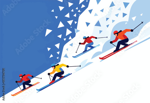 Diverse skiers gracefully descend a snow-covered mountain with abstract triangular shapes