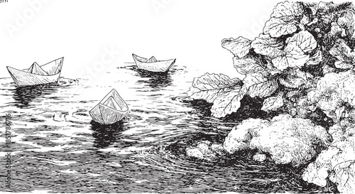 Boats on the water surface illustrated in black and white. Detailed nature scene with leaves and ripples vector illustration.