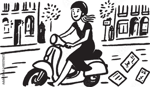 Woman riding a scooter in a city setting. Black and white hand-drawn vector illustration showcasing urban transport in a leisure lifestyle.