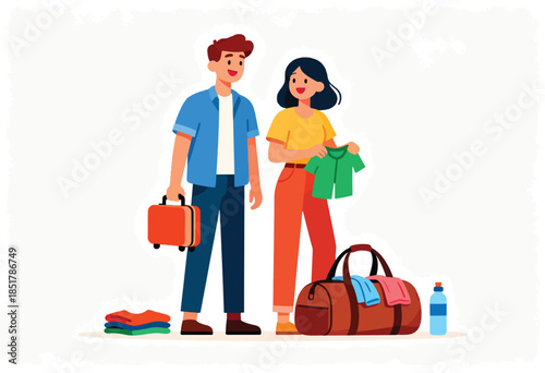 Two people pack clothes and luggage for a trip