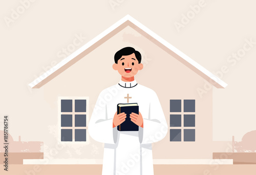 Cheerful cleric in white robe holding a book in front of a church
