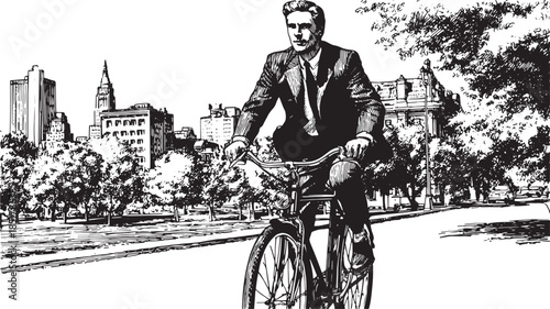 A man in a suit riding a bicycle through a city street. Urban vector illustration in black and white, featuring buildings and trees in the background.
