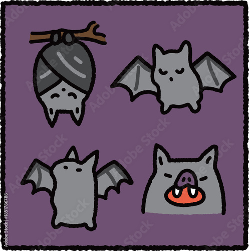Hand-Drawn Bat Illustration Set, Nocturnal Flying Mammal Educational Cartoon