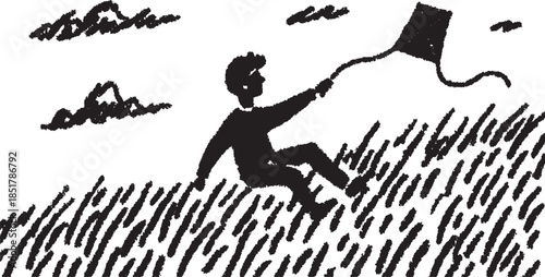 Boy sitting on grass, flying a kite under a clear sky. Simple vector illustration for a whimsical outdoor scene.