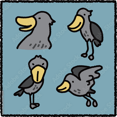 Hand-Drawn Shoebill Illustration Set, African Wetland Wading Bird Educational Cartoon
