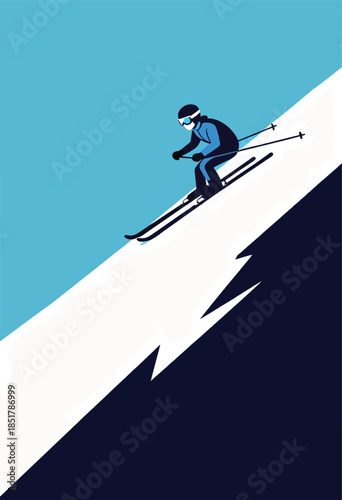 A minimalist depiction of a skier speeding down a snowy slope