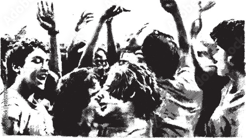 Crowd of people cheering with raised hands in a dynamic vector illustration. An energetic expression of community and celebration, presented in bold style.