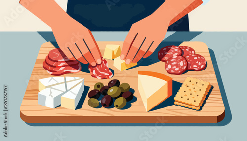 Hands arrange cheese and cured meats on a wooden board with olives & crackers